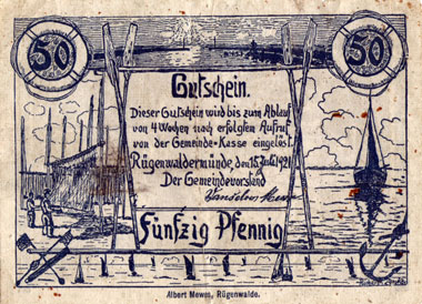 Papierowe pieniądze zastępcze, proj. R. Zenke, Darłowo 1920 r. Ze zbiorów MPŚ Słupsk i własnych muzeum