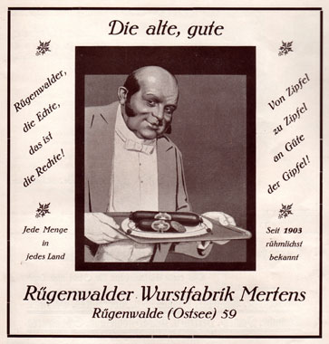 Reklama darłowskiej fabryki kiełbas Mertensa w: Rügenwalde an der Ostsee, 1929.